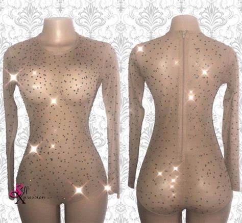 bodysuit crystallized mesh bodysuit see through nude long sleeves