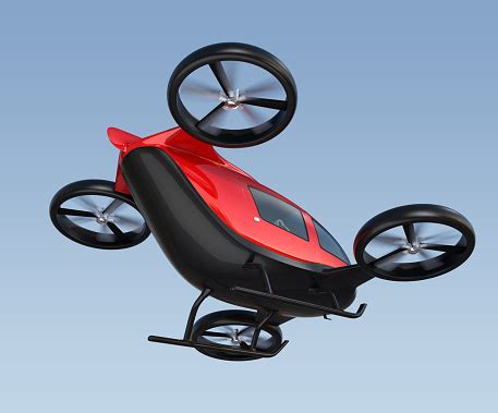 rear view  metallic red selfdriving passenger drone flying   sky stock photo