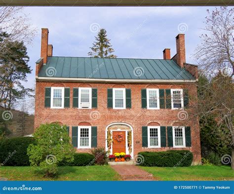 historic vermont red brick colonial house  autumn stock image image  traditional house