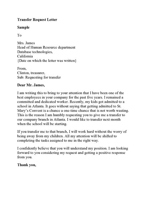 sample letter request  transfer  work assignment