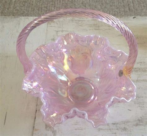 Fenton Vintage Pink Iridescent Carnival Glass Ruffle Basket Carnival