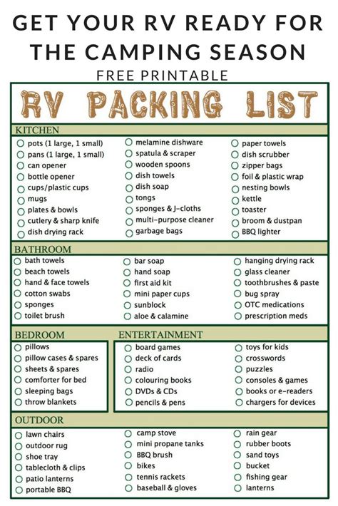 the rv packing list for camping is shown in this printable version