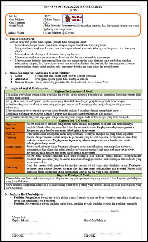 Rpp 1 Lembar Bahasa Inggris Smp Kelas 8 Daring Revisi Id
