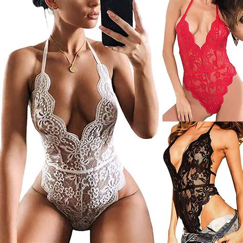 Womens Lace Lingerie Bodysuit Floral Mesh See Through Long Sleeve