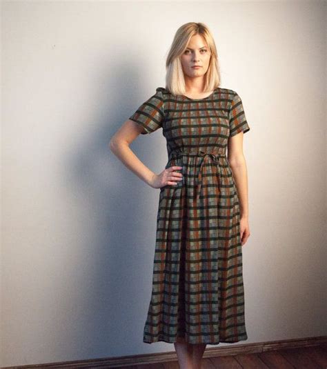 70s dress vintage checkered dress belted dress summer