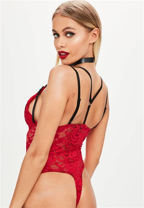 lyst missguided red harness lace bodysuit in red