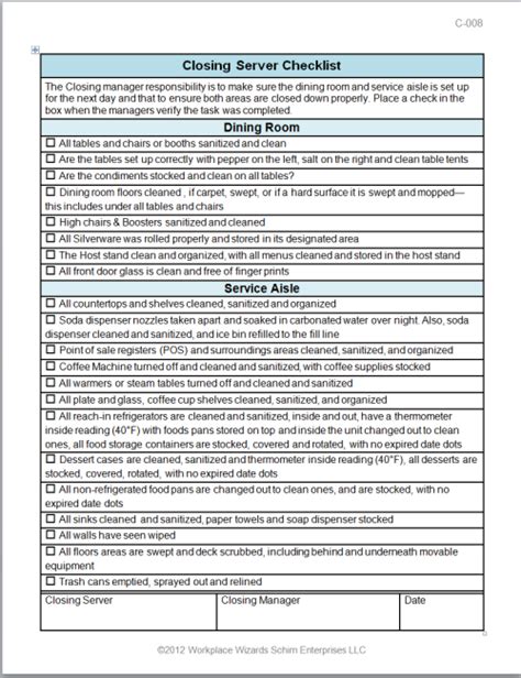 restaurant side work checklist template