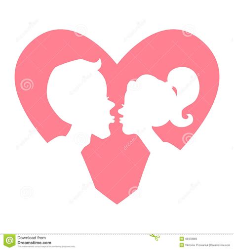 Silhouette Of Kissing Couple In Light Pink Heart Stock