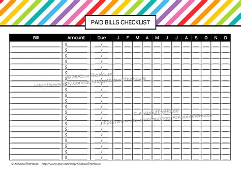 bill printable editable rainbow stripe paid bills checklist