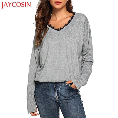 jaycosin women s long sleeve sex solid v neck t shirt female fashion
