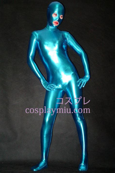 blue shiny metallic zentai suit au