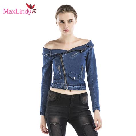 Maxlindy Jeans Jackets Women New Sexy Off Shoulder Denim Jacket Fashion