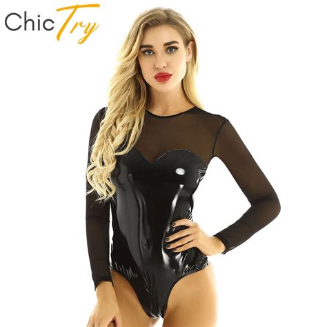 chictry women patent leather mesh splice long sleeves gymnastics