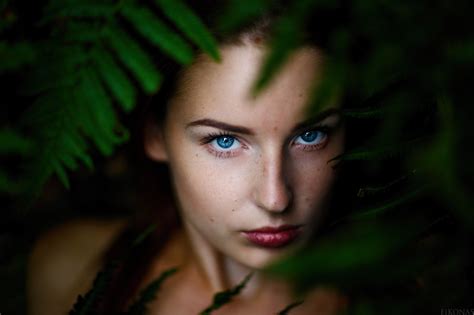Wallpaper Face Women Model Depth Of Field Blue Eyes Plants