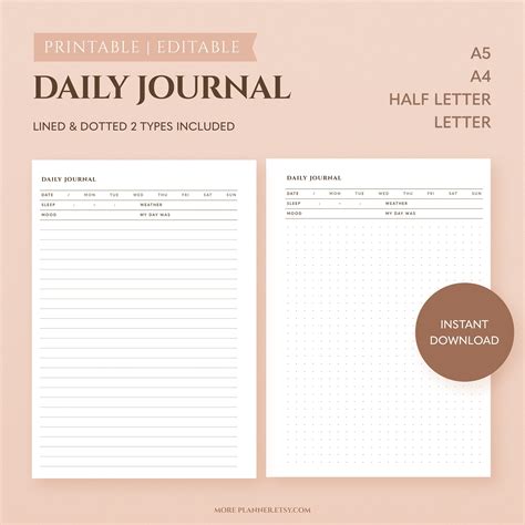 printable daily journal diary pages writing blank journal etsy uk