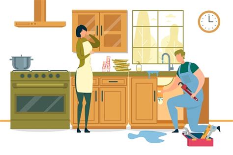 housewife calling plumber to fix burst pipes stock illustration