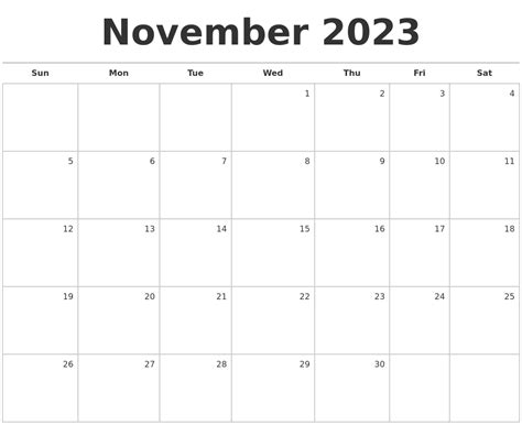 november  blank monthly calendar