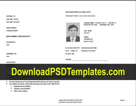 printable editable texas temporary paper id template
