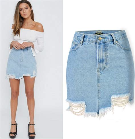 summer jeans skirt women high waist hole ripped denim skirts female