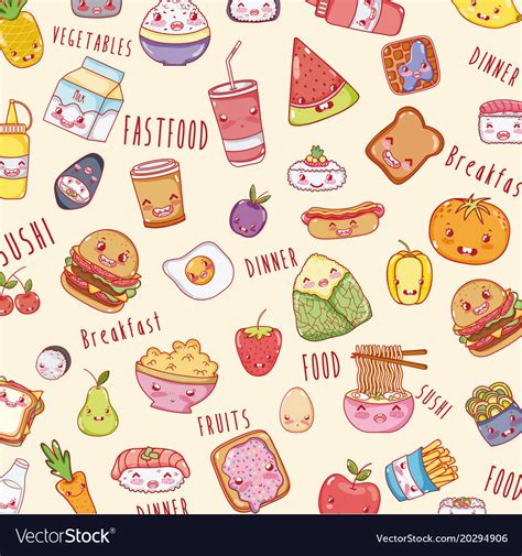 cute food background kawaii cartoons royalty  vector