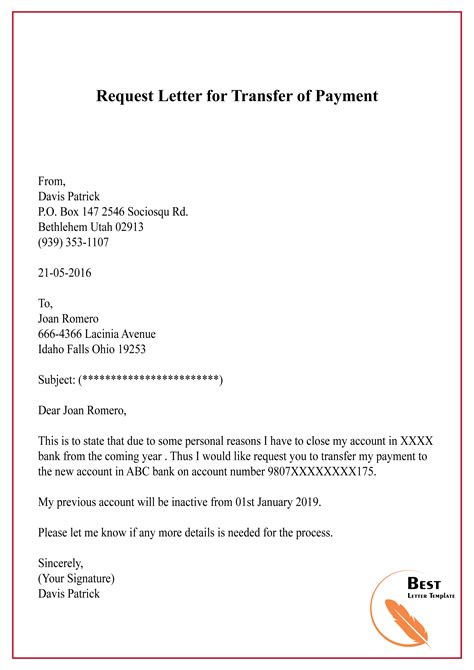 request letter  transfer  payment   letter template