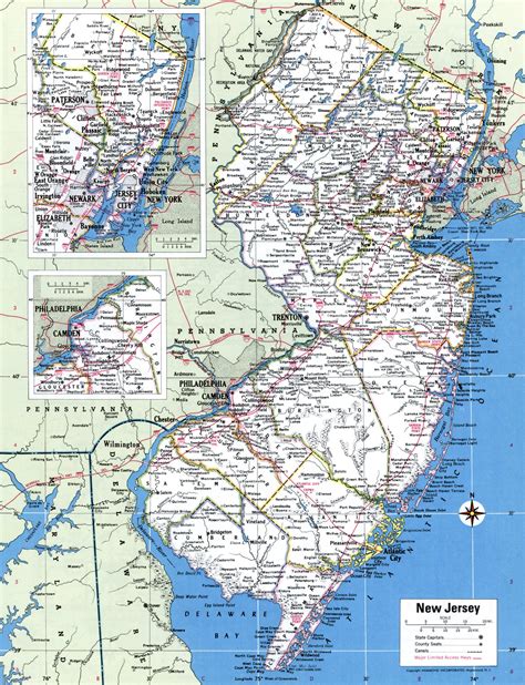 jersey state map multi color cut  style  counties cities county seats major roads