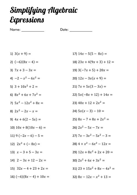 simplifying algebraic expressions worksheets  answers
