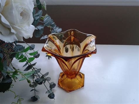 Amber Art Deco Style Vase Press Glass By Czechoslav By