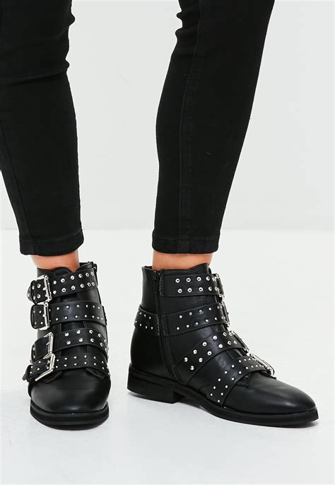 missguided black studded  buckle strap ankle boots lyst