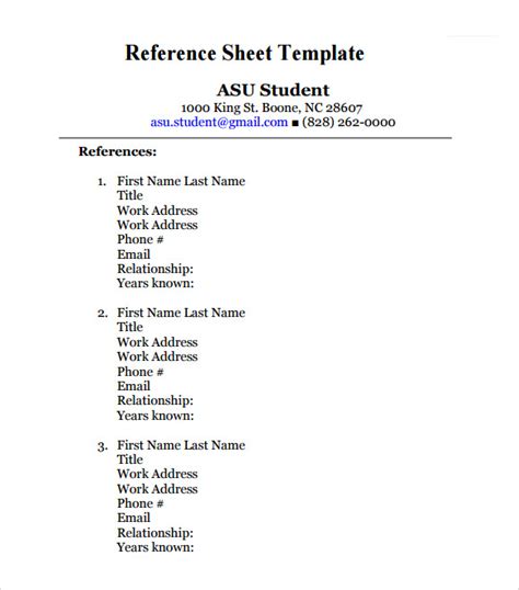 sample reference sheet templates   ms word