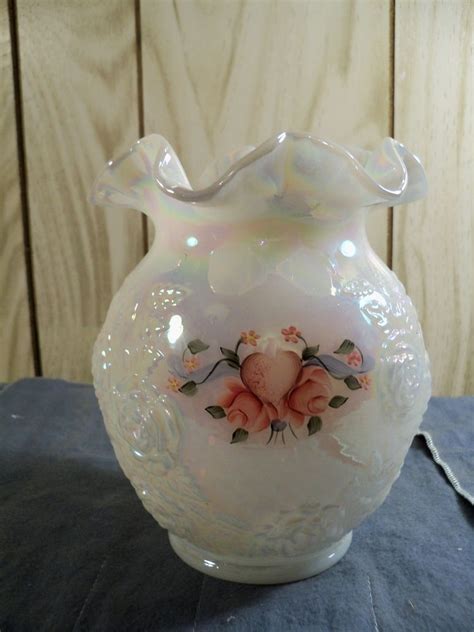 Fenton Hand Painted White Iridescent Carnival Glass Vase Pink Roses