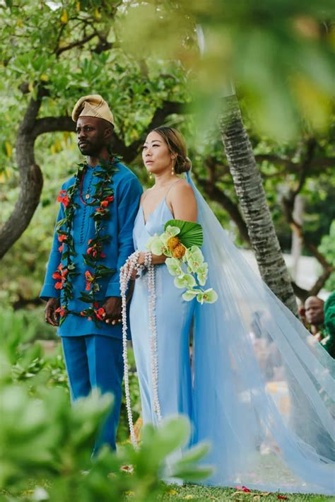 blue gold hawaii island multicultural wedding groom