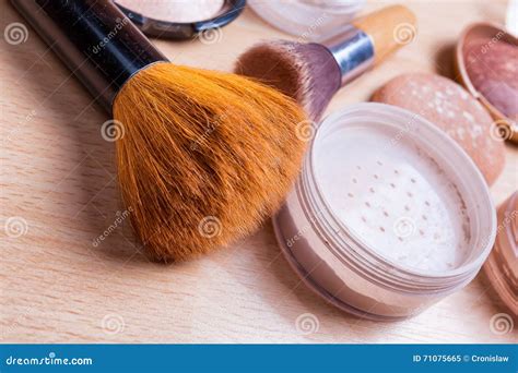 face makeup cosmetics   light wooden floor stock image image  shadow blush