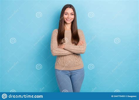 Portrait Of Attractive Cheerful Content Brown Haired Girl Folded Arms