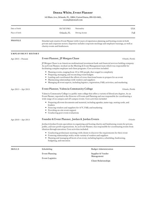 guide event planner resume  samples  word