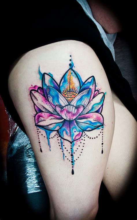 Watercolor Lotus Flower On Girls Thigh Best Tattoo