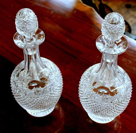 Pair Of Antique English Hand Cut Crystal Diamond Motif Wine Decanters