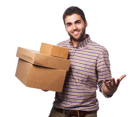 photo man  cardboard boxes smiling