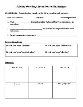 solving  step equations  integers notes  practice tpt
