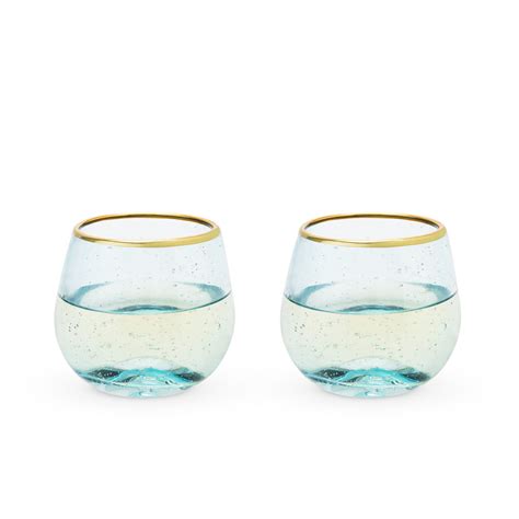 twine aqua bubble gold rim stemless wine glasses tinted glass set of