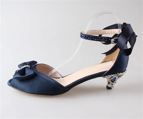 handmade navy blue satin dress shoes  sewed crystals ribbon med  heel woman shoes elegant