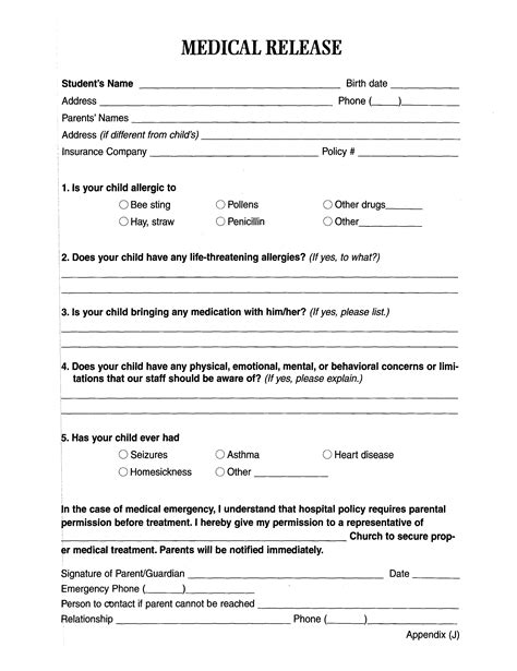 medical release form  adults templates  printable