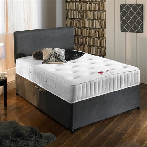sleep factory   charcoal grey luxury suede divan bed set  orthopaedic tufted mattress