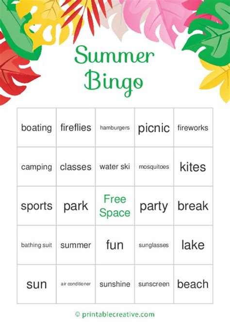 summer bingo  printable bingo cards  games