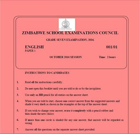 zimsec grade  english october   exam paper   exam