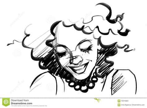 Beautiful Smiling Woman Face With Curly Hair Isolated Pencil Sketch
