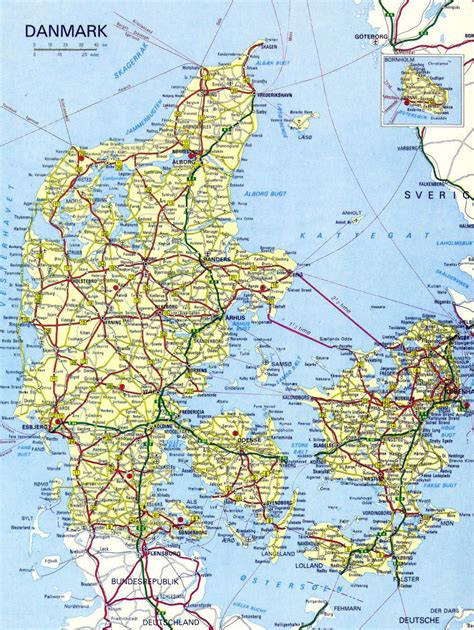 detailed road map  denmark  cities  airports denmark europe mapsland maps