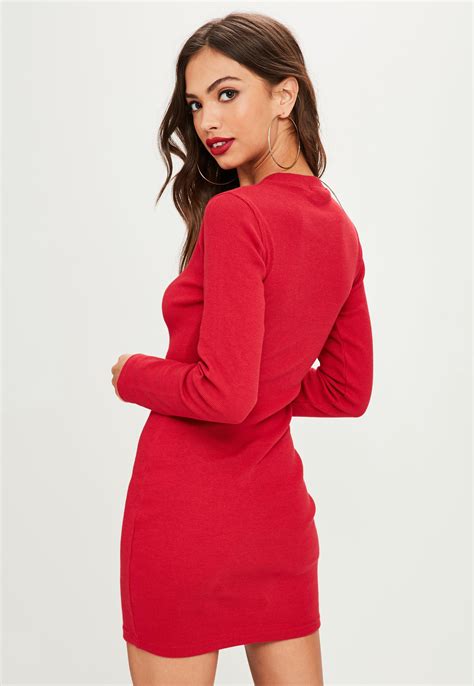 missguided red ribbed long sleeve bodycon mini dress lyst