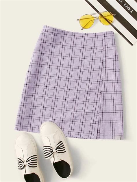 falda mini violeta de cuadros  abertura romwe moda de ropa ropa de moda ropa juvenil de