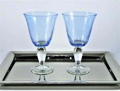 Pair Blue Crackle Glass Water Goblets With Clear Stems Large 16 Ounce